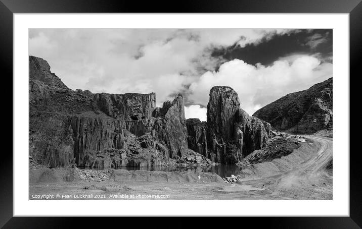 Moel Tryfan Slate Quarry Wales in Black and White Framed Mounted Print by Pearl Bucknall