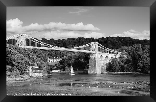 Menai Suspension Bridge Anglesey Black and White Framed Print by Pearl Bucknall