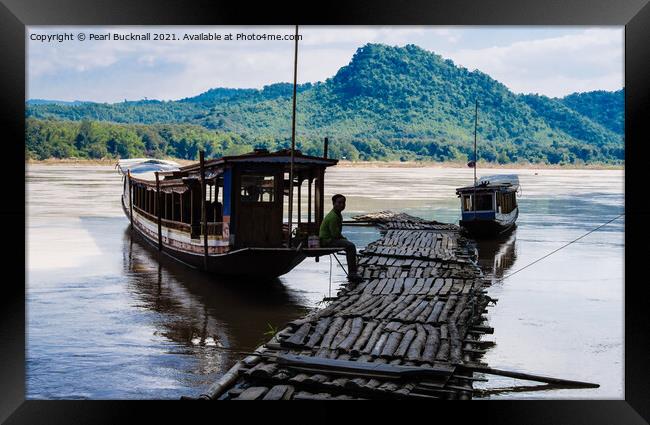 Mekong River Boat Laos Framed Print by Pearl Bucknall