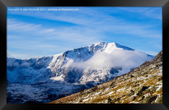 Snow-capped Y Garn Mountain Snowdonia Wales Framed Print by Pearl Bucknall