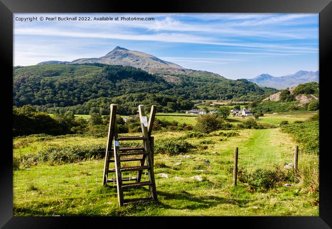Path and View to Moel Siabod mountain in Snowdonia Framed Print by Pearl Bucknall