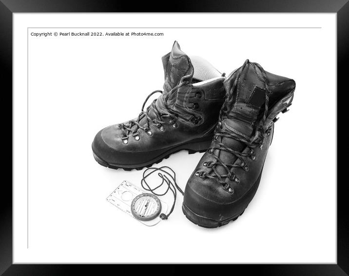 Hiking Boots and Compass Black and White Framed Mounted Print by Pearl Bucknall