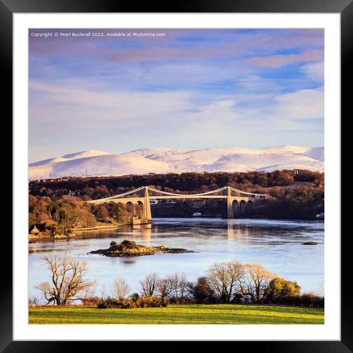 Menai Bridge in Winter Anglesey Coast Wales Framed Mounted Print by Pearl Bucknall