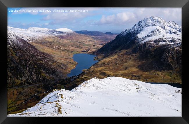 Winter View to Ogwen Valley from Y Garn Framed Print by Pearl Bucknall