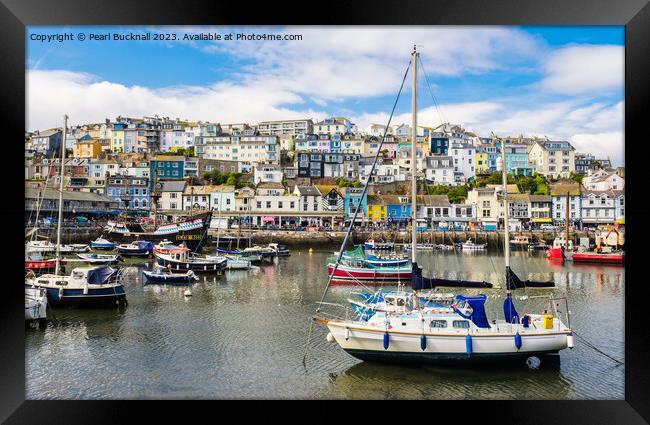 Boats in Colourful Brixham Harbour Framed Print by Pearl Bucknall