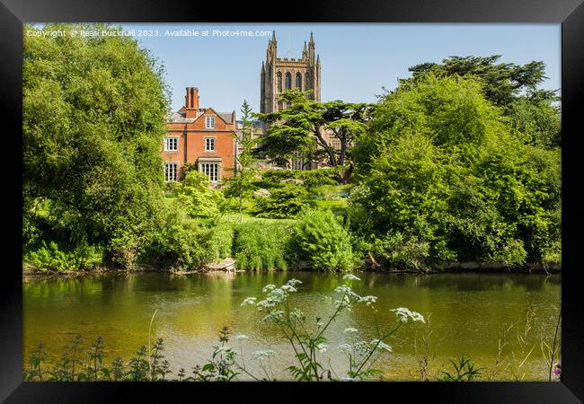 Hereford Cathedral across River Wye Herefordshire Framed Print by Pearl Bucknall