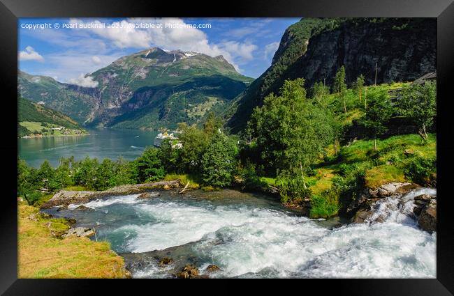 Geiranger Fjord and Waterfall Norway Framed Print by Pearl Bucknall