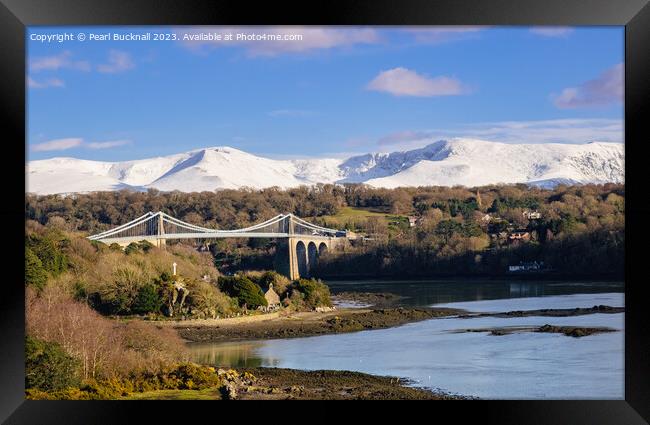 Menai Bridge and Mountains from Anglesey Framed Print by Pearl Bucknall