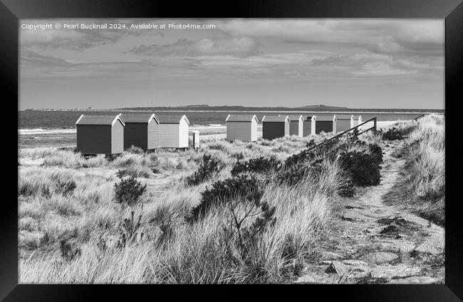 Findhorn Beach Huts Scotland black and white Framed Print by Pearl Bucknall