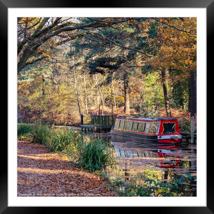 Canal Boat on the Basingstoke Canal in Autumn Framed Mounted Print by Pearl Bucknall
