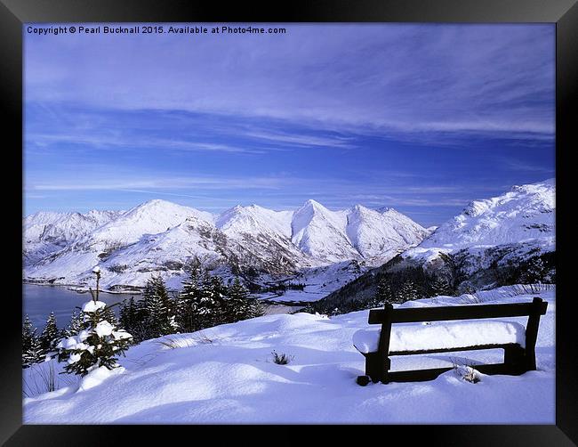 Bench looking to Five Sisters of Kintail in Snow Framed Print by Pearl Bucknall
