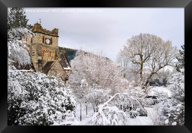 Church in Winter Snow Scene in Betws-y-Coed Framed Print by Pearl Bucknall