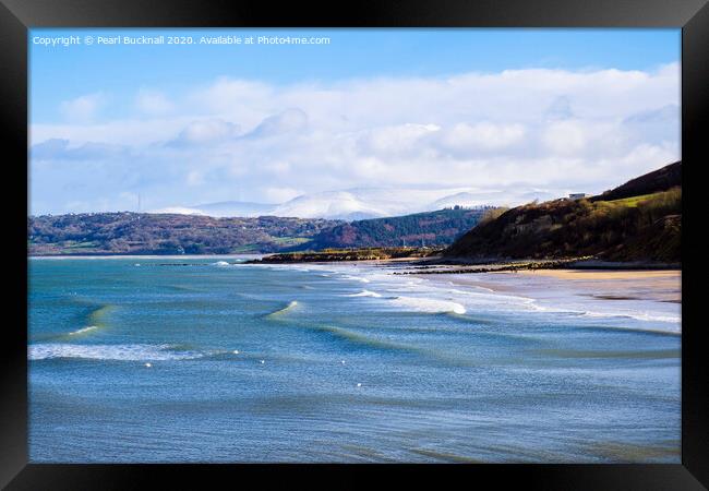 Benllech Beach Anglesey and Snowy Mountains Framed Print by Pearl Bucknall