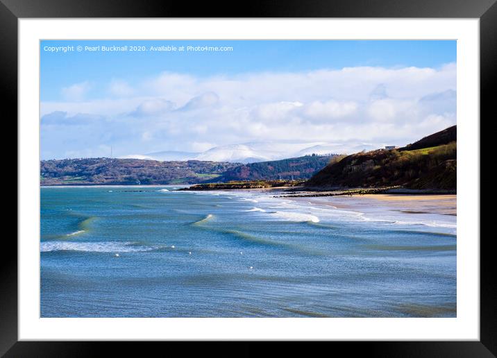 Benllech Beach Anglesey and Snowy Mountains Framed Mounted Print by Pearl Bucknall