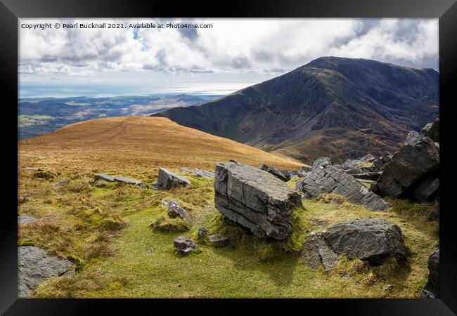 View from Mynydd Tal-y-mignedd on Nantlle Ridge  Framed Print by Pearl Bucknall