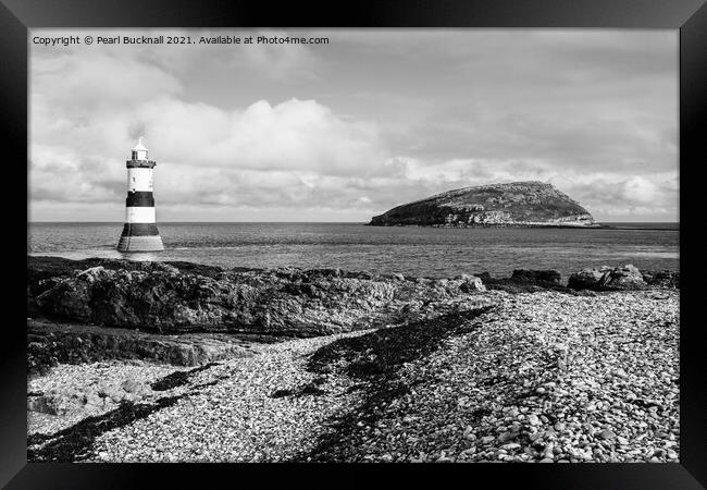 Penmon Point and Puffin Island on Anglesey in Mono Framed Print by Pearl Bucknall