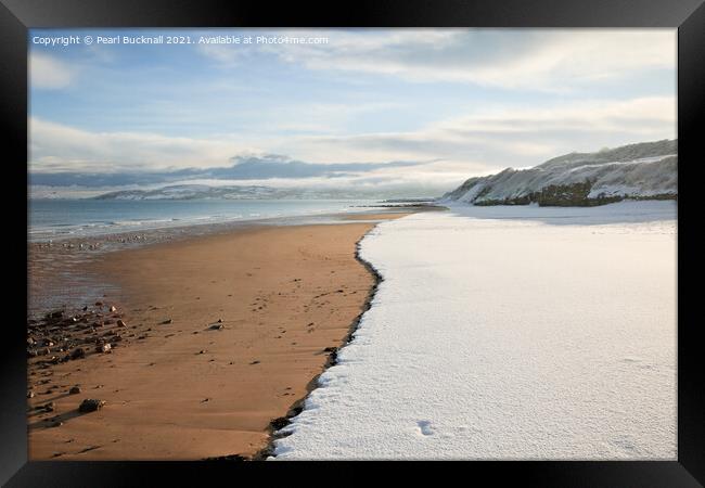 Benllech Beach with Snow Framed Print by Pearl Bucknall