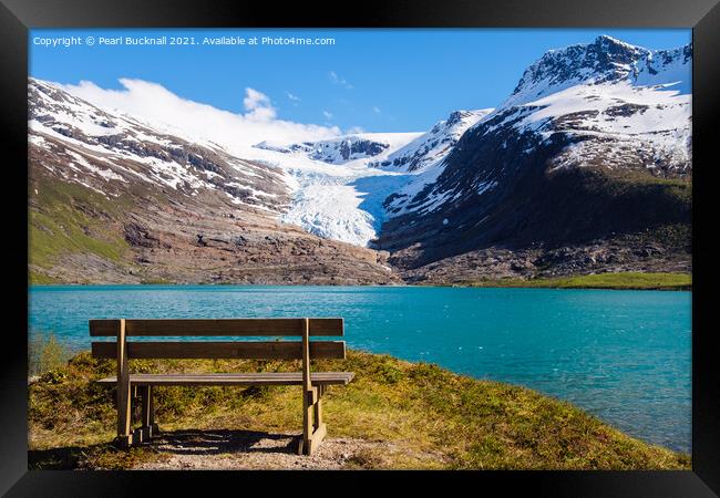  Bench by Engabrevatnet Lake and Enga Glacier Norw Framed Print by Pearl Bucknall