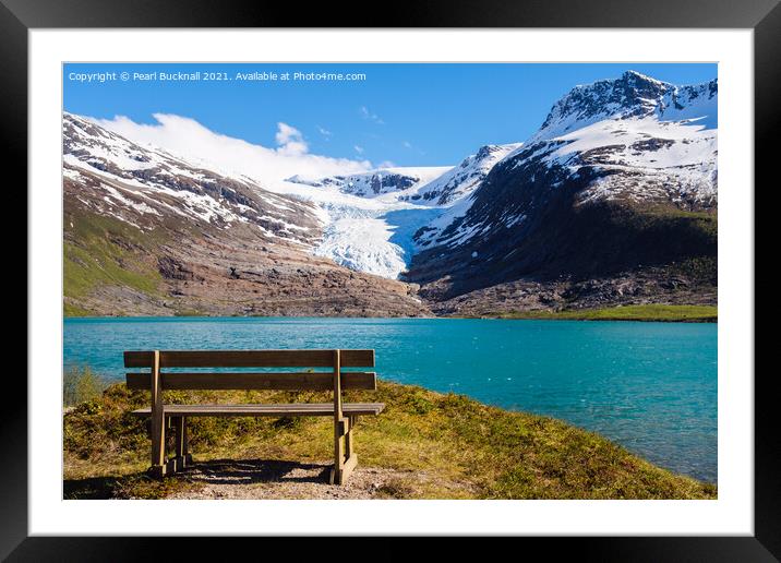  Bench by Engabrevatnet Lake and Enga Glacier Norw Framed Mounted Print by Pearl Bucknall