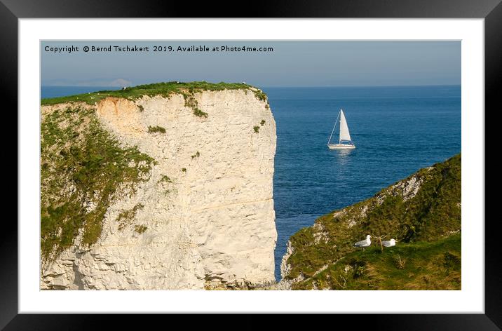 Old Harry Rocks, Sailing Boat, Dorset, England, UK Framed Mounted Print by Bernd Tschakert