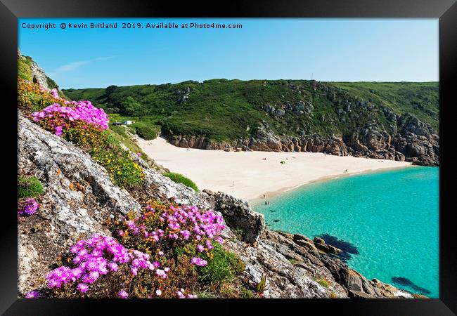 sandy beach at porthcurno in cornwall, england, uk Framed Print by Kevin Britland