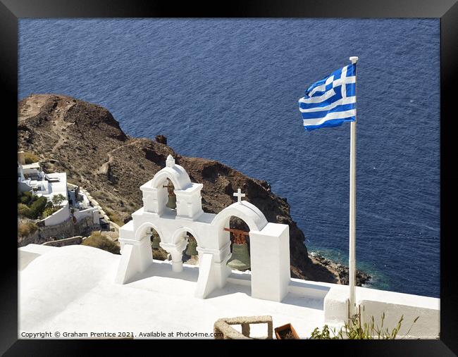 Santorini Bell Tower and Greek Flag Framed Print by Graham Prentice