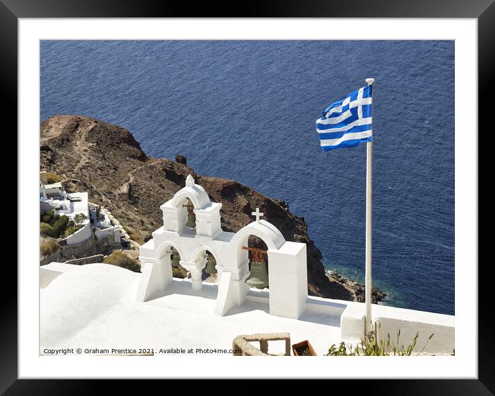 Santorini Bell Tower and Greek Flag Framed Mounted Print by Graham Prentice