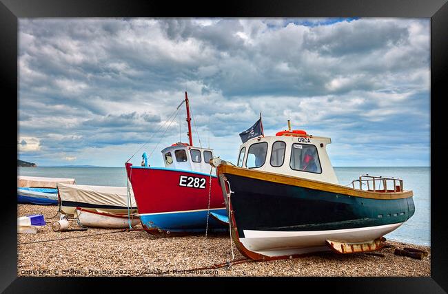 Colourful Fishing Boats on Beer Beach, Devon Framed Print by Graham Prentice