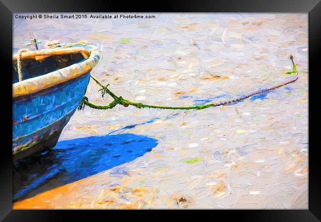  Blue boat moored on sand Framed Print by Sheila Smart