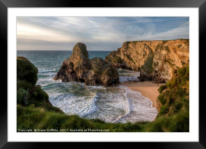 Black Humphrey Rock on Whipsiderry beach, Newquay Framed Mounted Print by Diane Griffiths