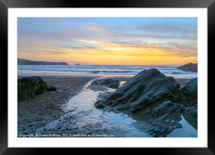 Fistral Beach Sunset by the rocks Framed Mounted Print by Diane Griffiths