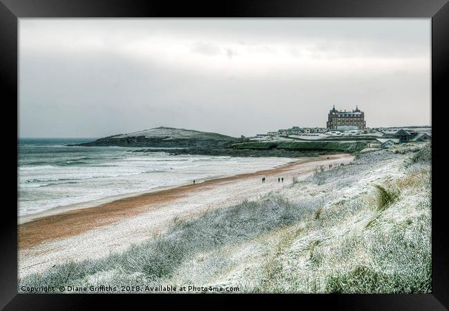 Fistral Beach under Snow Framed Print by Diane Griffiths