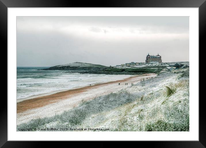 Fistral Beach under Snow Framed Mounted Print by Diane Griffiths