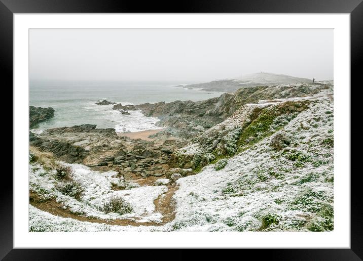 Little Fistral and Towan under snow Framed Mounted Print by Diane Griffiths