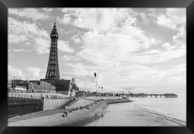 Blackpool Tower and the Central Pier in monochrome Framed Print by Jason Wells
