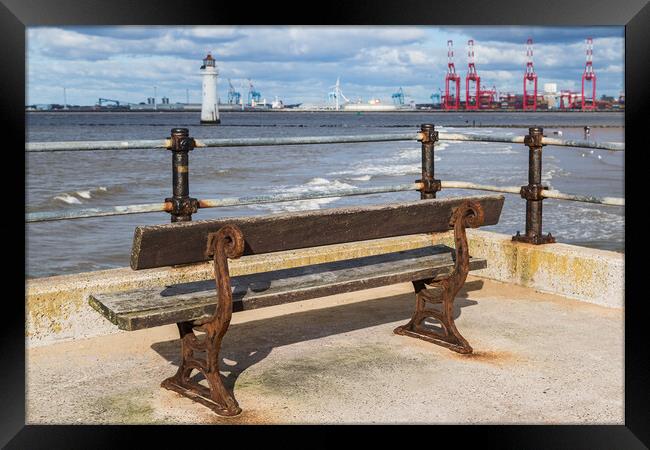 Bench facing out towards Liverpool Bay Framed Print by Jason Wells