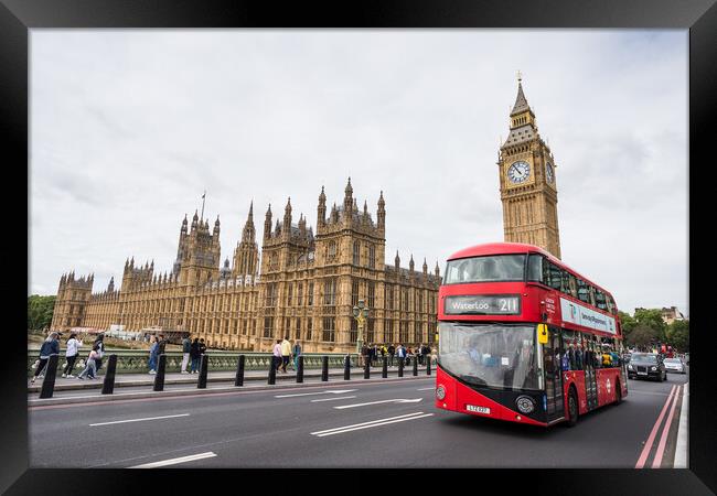 Red London bus crossing Westminster Bridge Framed Print by Jason Wells