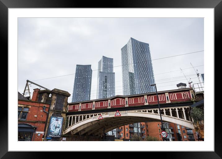 Deansgate Square above a red railway bridge Framed Mounted Print by Jason Wells