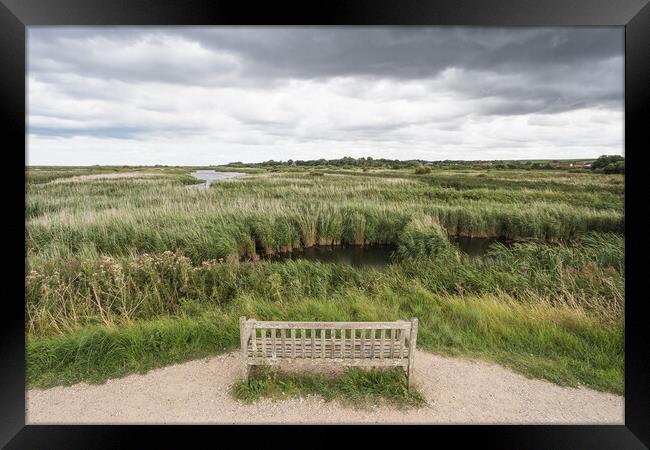 Lone bench overlooking the Titchwell nature reserve Framed Print by Jason Wells