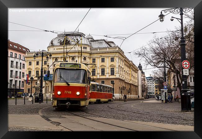 Tram in front of the Slovak national theatre Framed Print by Jason Wells