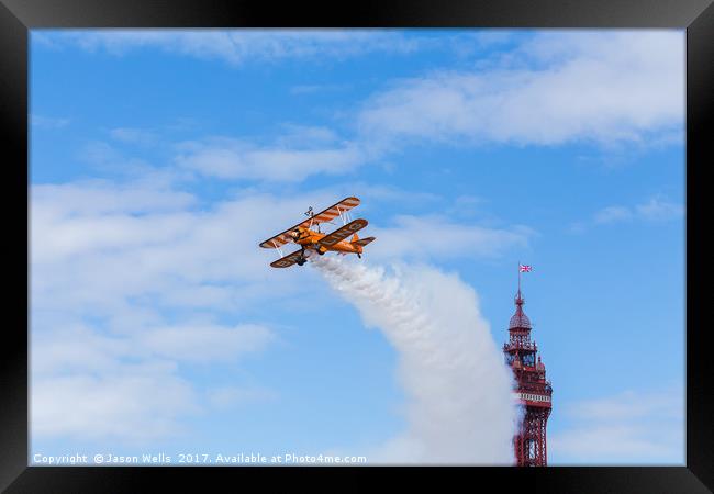 Wingwalker in front of the Blackpool tower Framed Print by Jason Wells