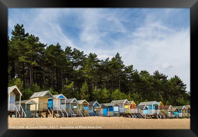 Beach huts by the pine forest Framed Print by Jason Wells