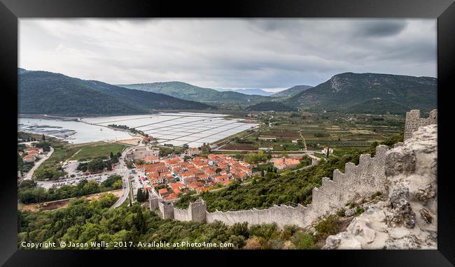 Looking down the walls of Ston towards the salt pa Framed Print by Jason Wells