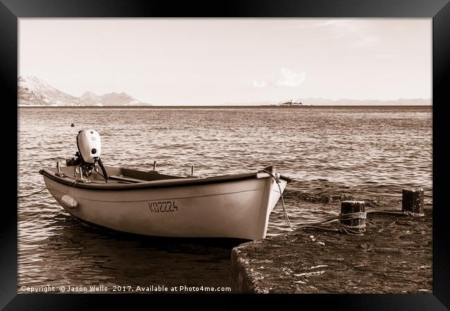 Split toned image of a boat moored at Orebic Framed Print by Jason Wells