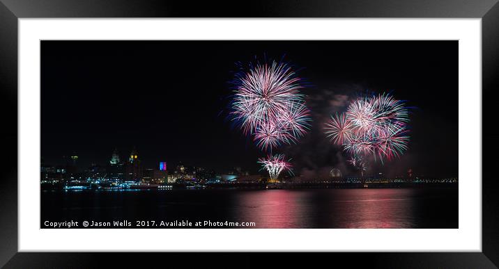 Colourful fireworks above the Liverpool skyline Framed Mounted Print by Jason Wells