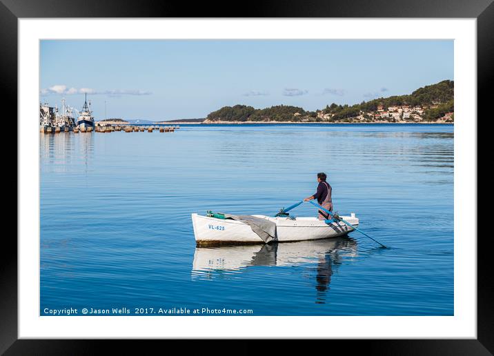 Reflections of a fishing boat at Vela Luka Framed Mounted Print by Jason Wells