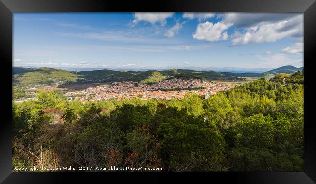 Panorama of Blato surrounded by hills and forests Framed Print by Jason Wells