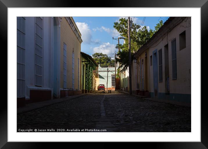 Looking up a shady street in Trinidad Framed Mounted Print by Jason Wells