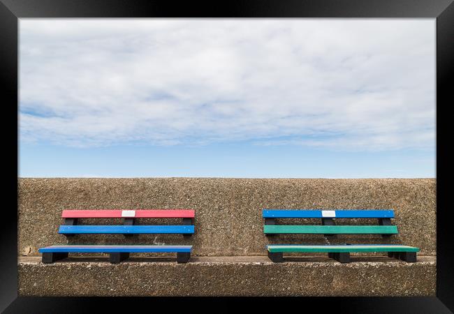 Pair of colourful benches on Wallasey promenade Framed Print by Jason Wells