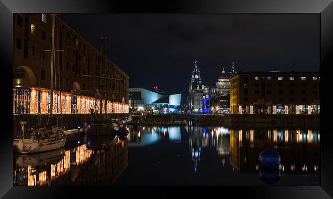 Three Graces and the festive lights reflect in the Albert Dock Framed Print by Jason Wells
